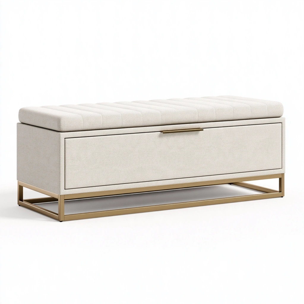 Banc de rangement 120 x 45 x 48 cm en tissu beige avec structure métallique dorée style contemporain
