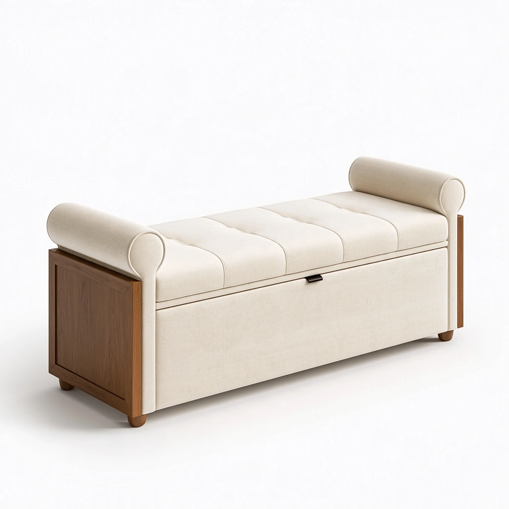 Banquette coffre 150 x 50 x 72 cm en tissu écru et bois noyer style classique