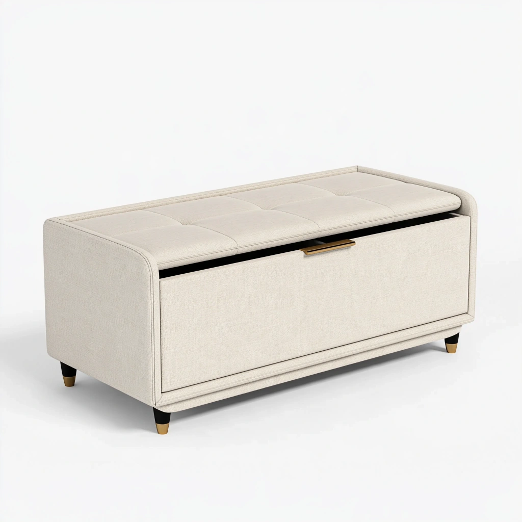 Banc de rangement 120 x 45 x 50 cm en tissu beige avec assise capitonnée style contemporain