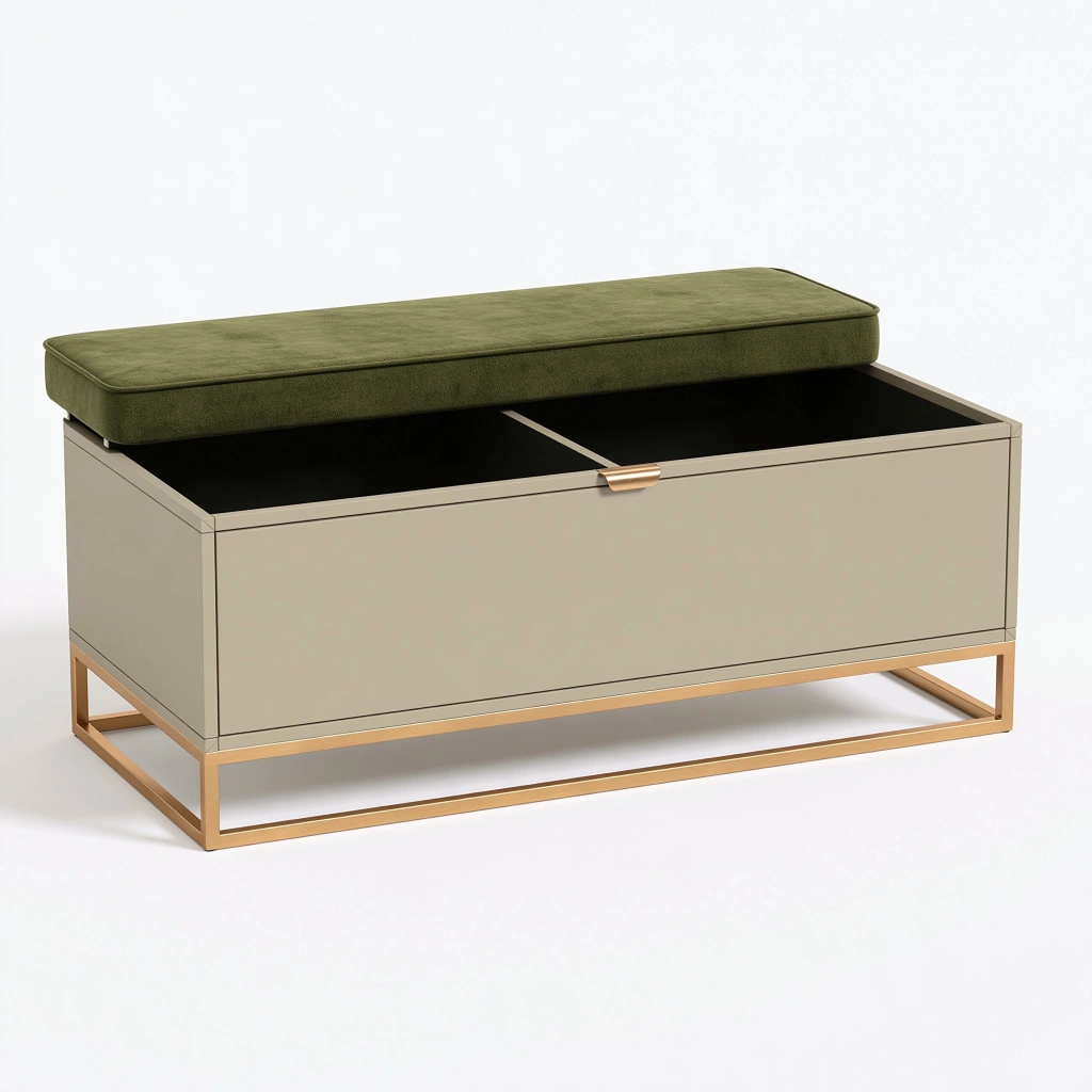 Banc coffre de rangement 100 x 40 x 48 cm en tissu vert olive avec structure beige et piètement doré
