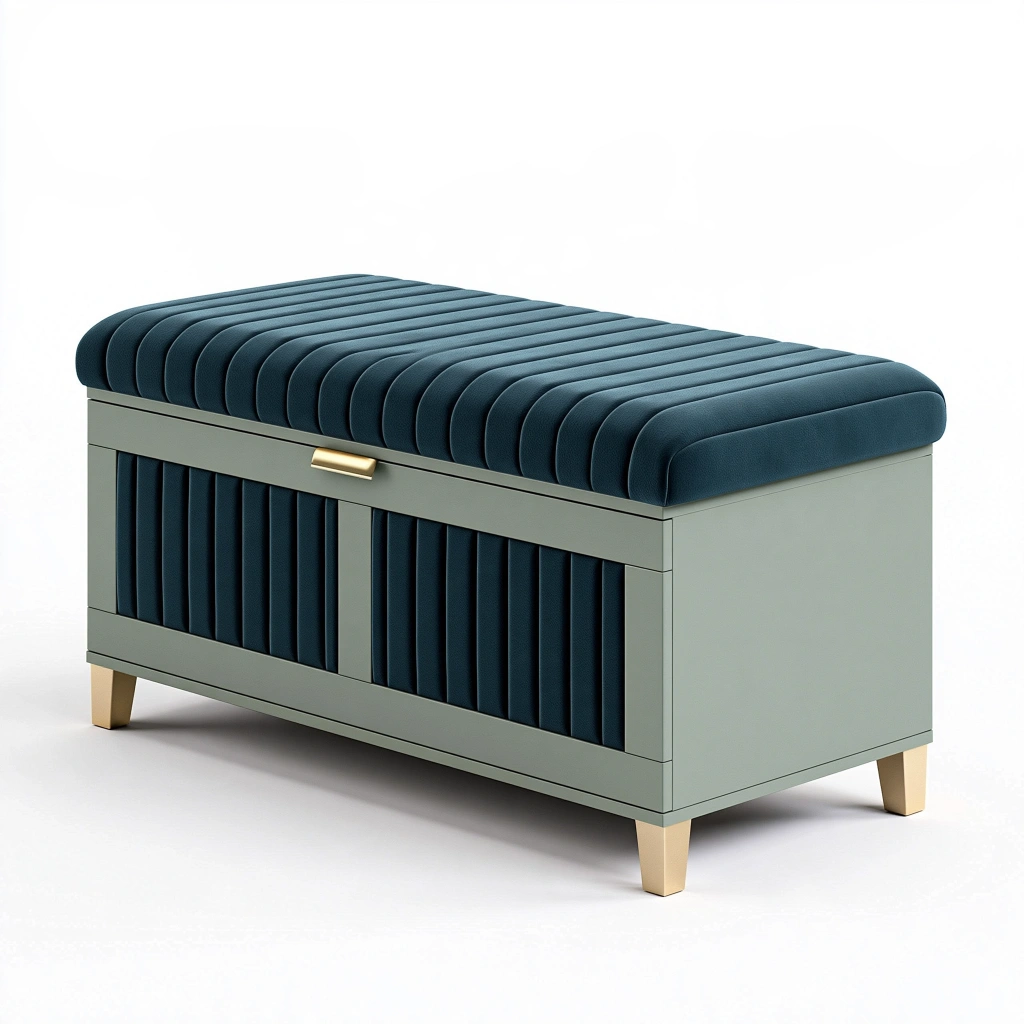 Banc coffre de rangement 120 x 45 x 50 cm en tissu bleu et bois vert style contemporain