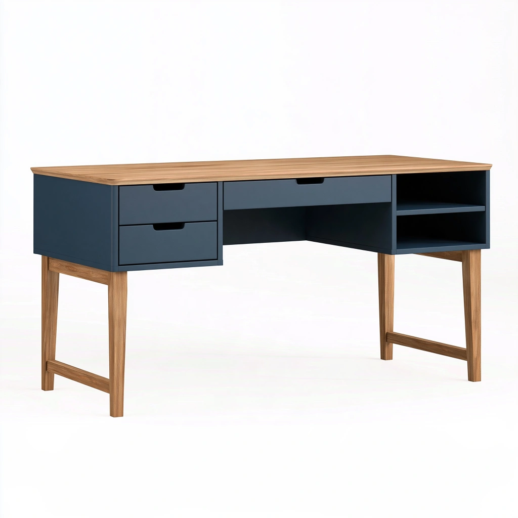 Bureau 140 x 60 cm en bois bleu foncé avec rangements style scandinave