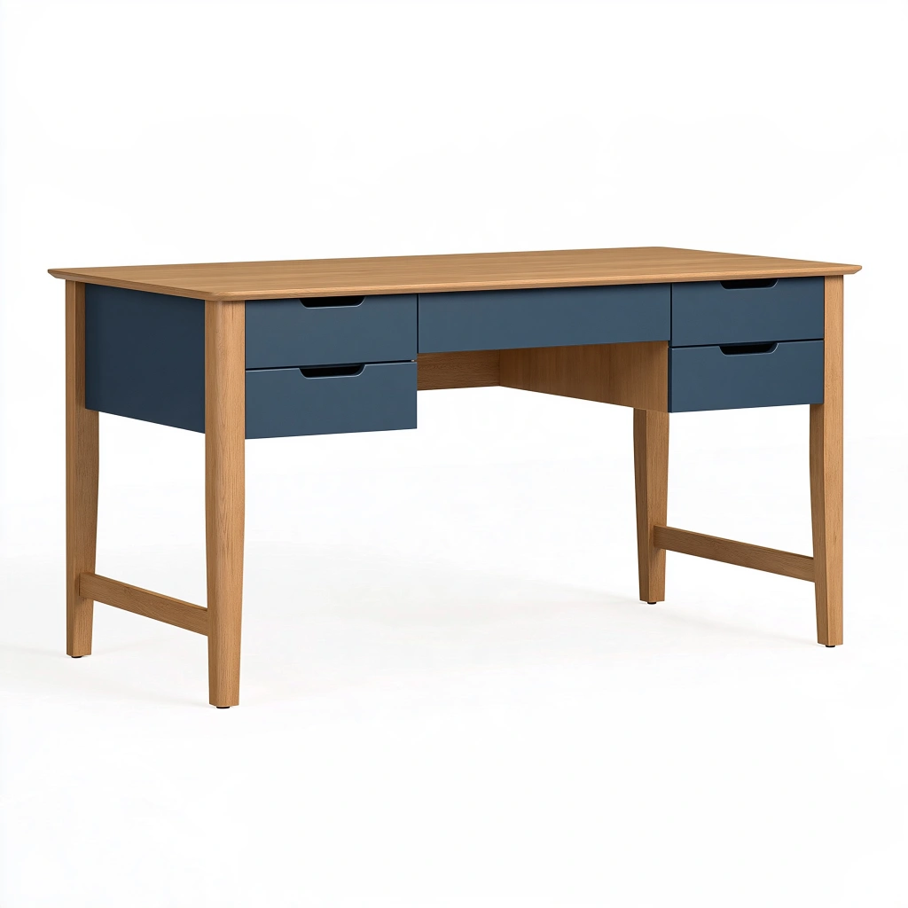 Bureau 140 x 60 x 75 cm en bois marron et bleu à 5 tiroirs style scandinave