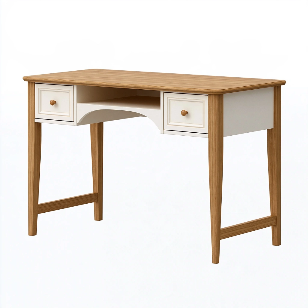 Bureau 120 x 60 x 75 cm en bois blanc et naturel avec 2 tiroirs style classique