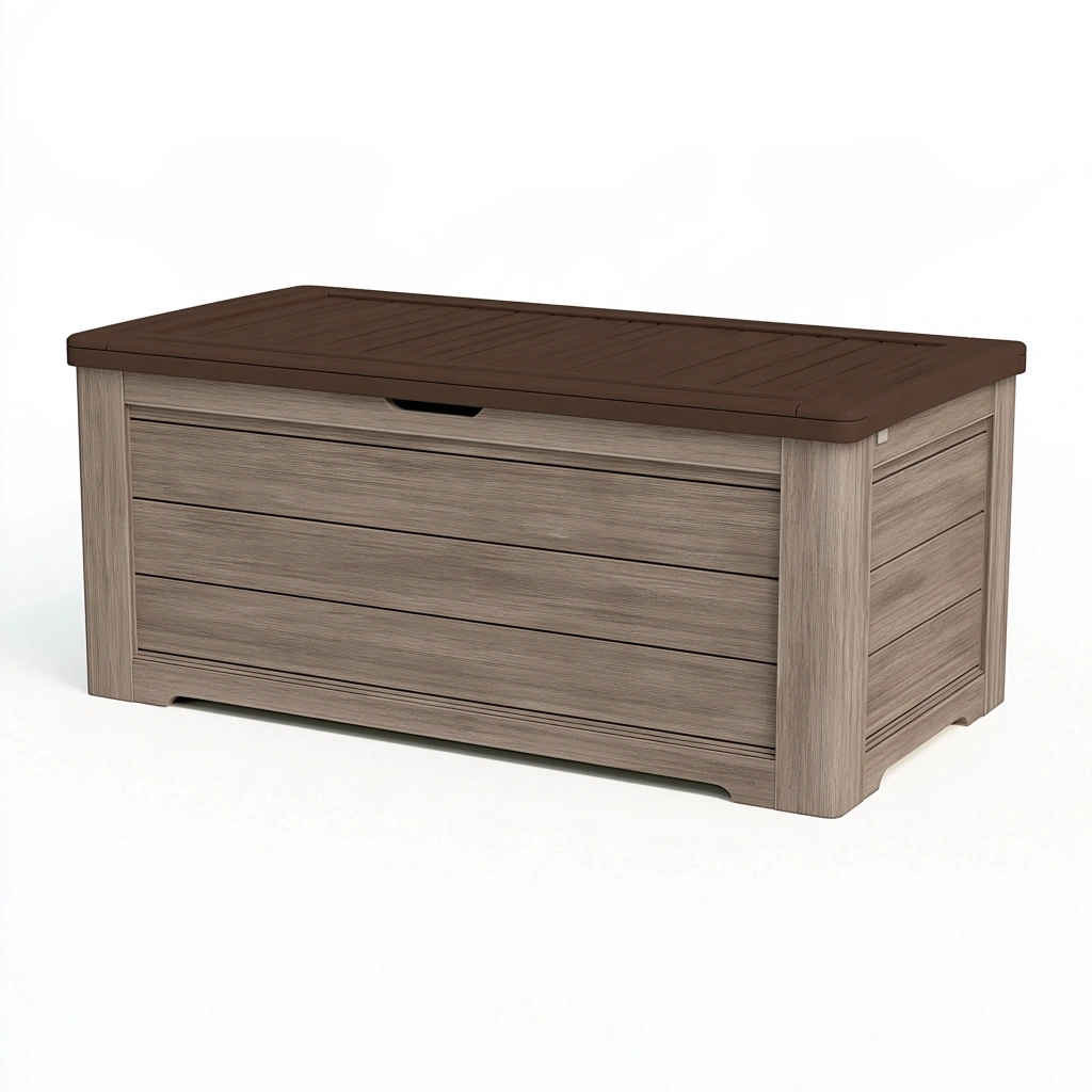 Coffre de rangement extérieur 120 x 60 x 63 cm en résine brun et taupe style imitation bois avec couvercle