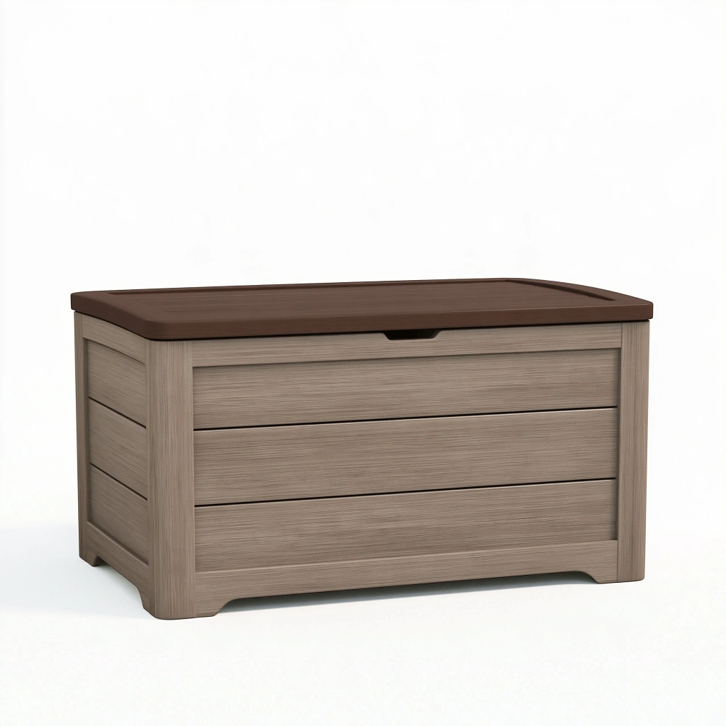 Coffre de rangement 80 x 45 x 50 cm en plastique taupe et brun style bois avec couvercle