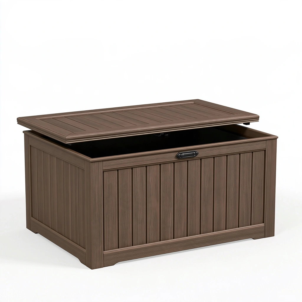 Coffre de rangement 120 x 60 x 65 cm en résine marron pour extérieur - couvercle rabattable style classique