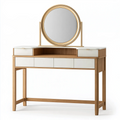 Coiffeuse 120 x 45 x 145 cm en panneaux de bois beige blanc et doré avec miroir rond et rangements