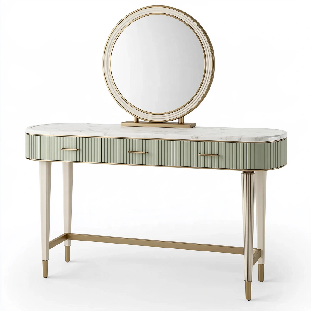 Coiffeuse 120 x 45 x 150 cm en panneau vert clair et blanc avec miroir - Style Art déco