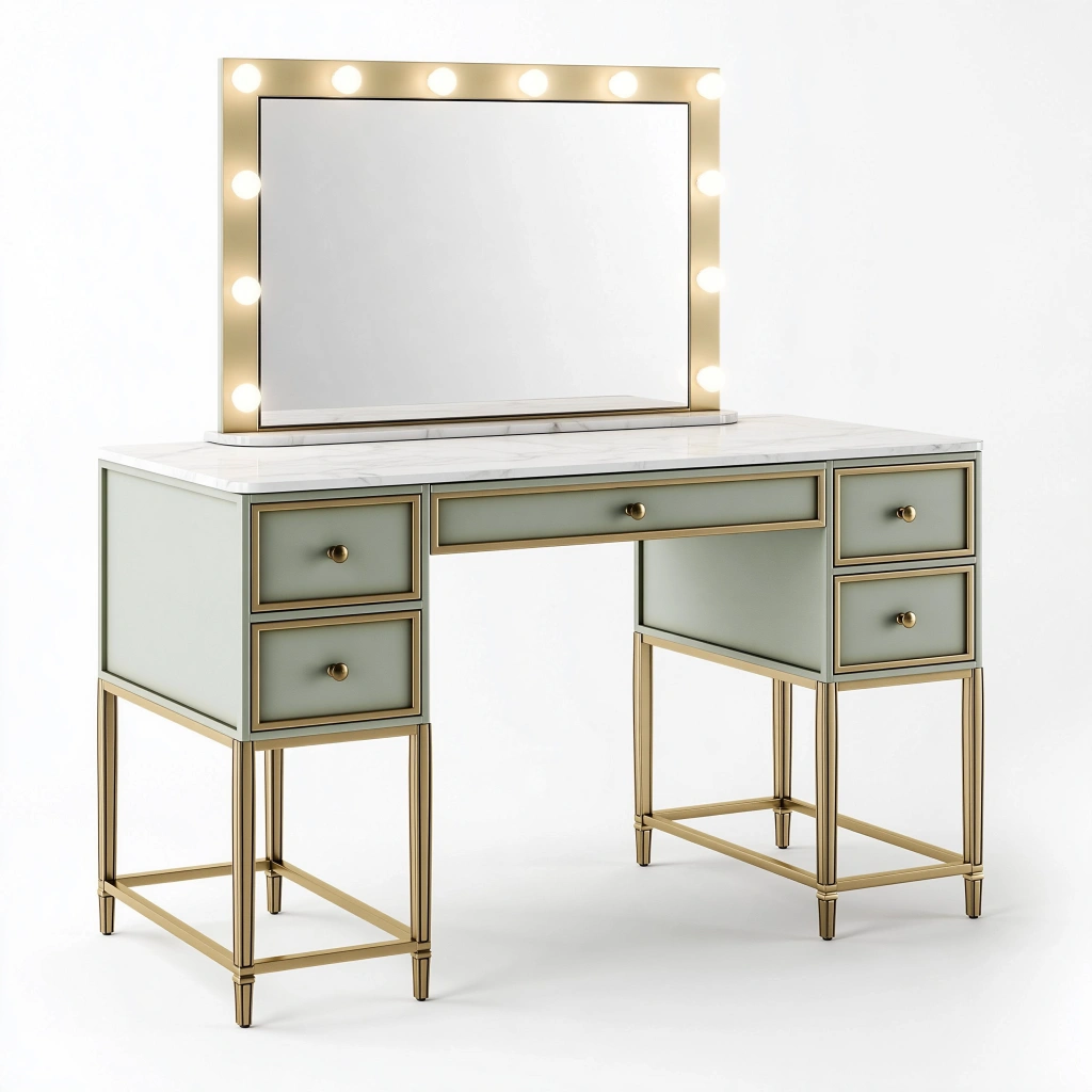 Coiffeuse 120 x 50 x 76 cm avec miroir éclairé verre métal vert sauge style glamour