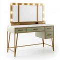 Coiffeuse 120 x 50 x 145 cm vert sauge et doré avec miroir lumineux et rangements