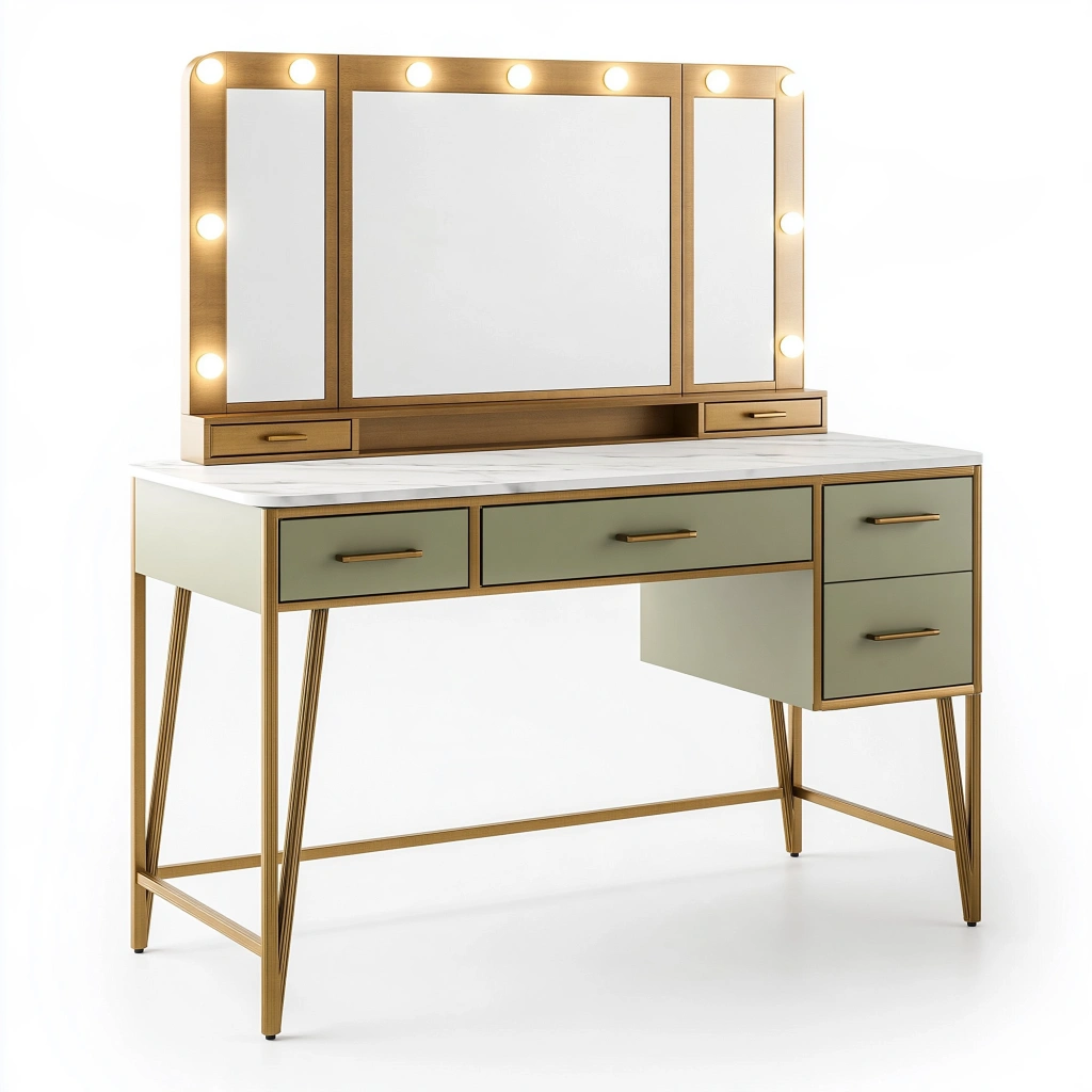 Coiffeuse 120 x 50 x 145 cm vert sauge et doré avec miroir lumineux et rangements