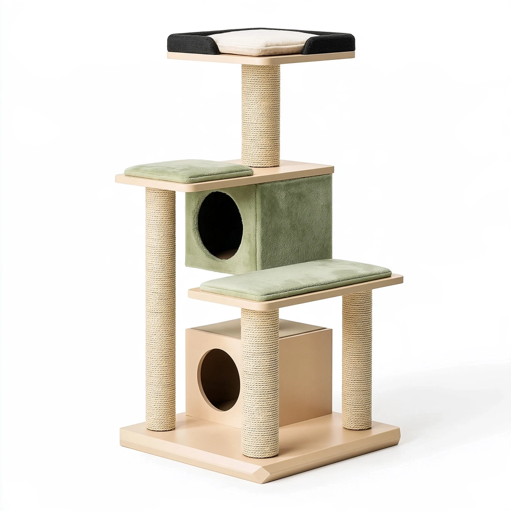 Arbre à chat 60 x 50 x 145 cm beige et vert en panneaux de bois avec sisal et niches
