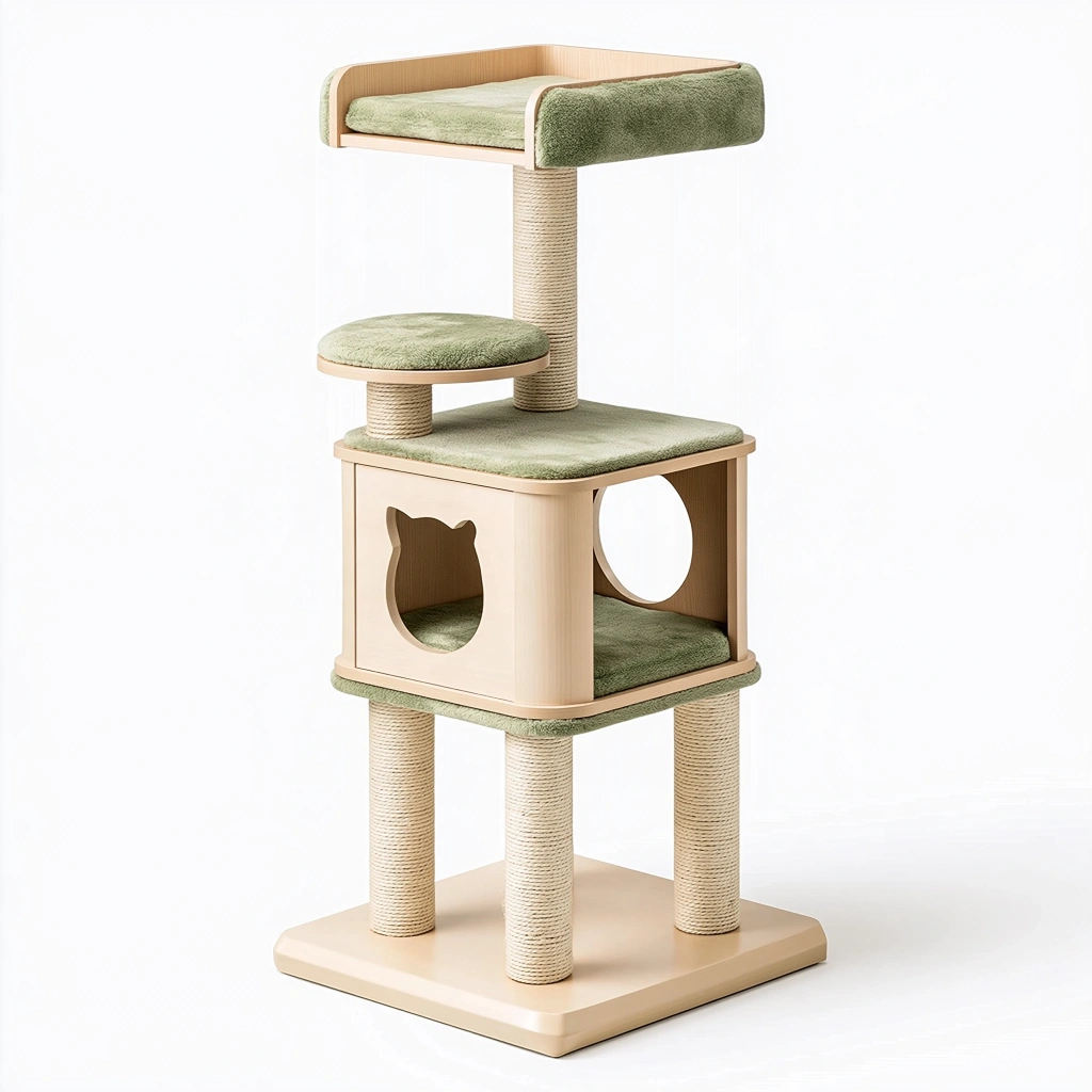 Arbre à chat 60 x 50 x 145 cm en bois beige et vert avec plateformes à griffer