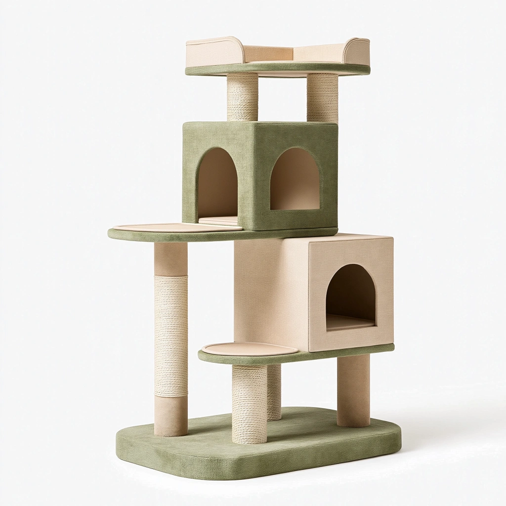 Arbre à chat 70 x 50 x 150 cm en tissu et sisal vert sauge et beige - niches et plateformes
